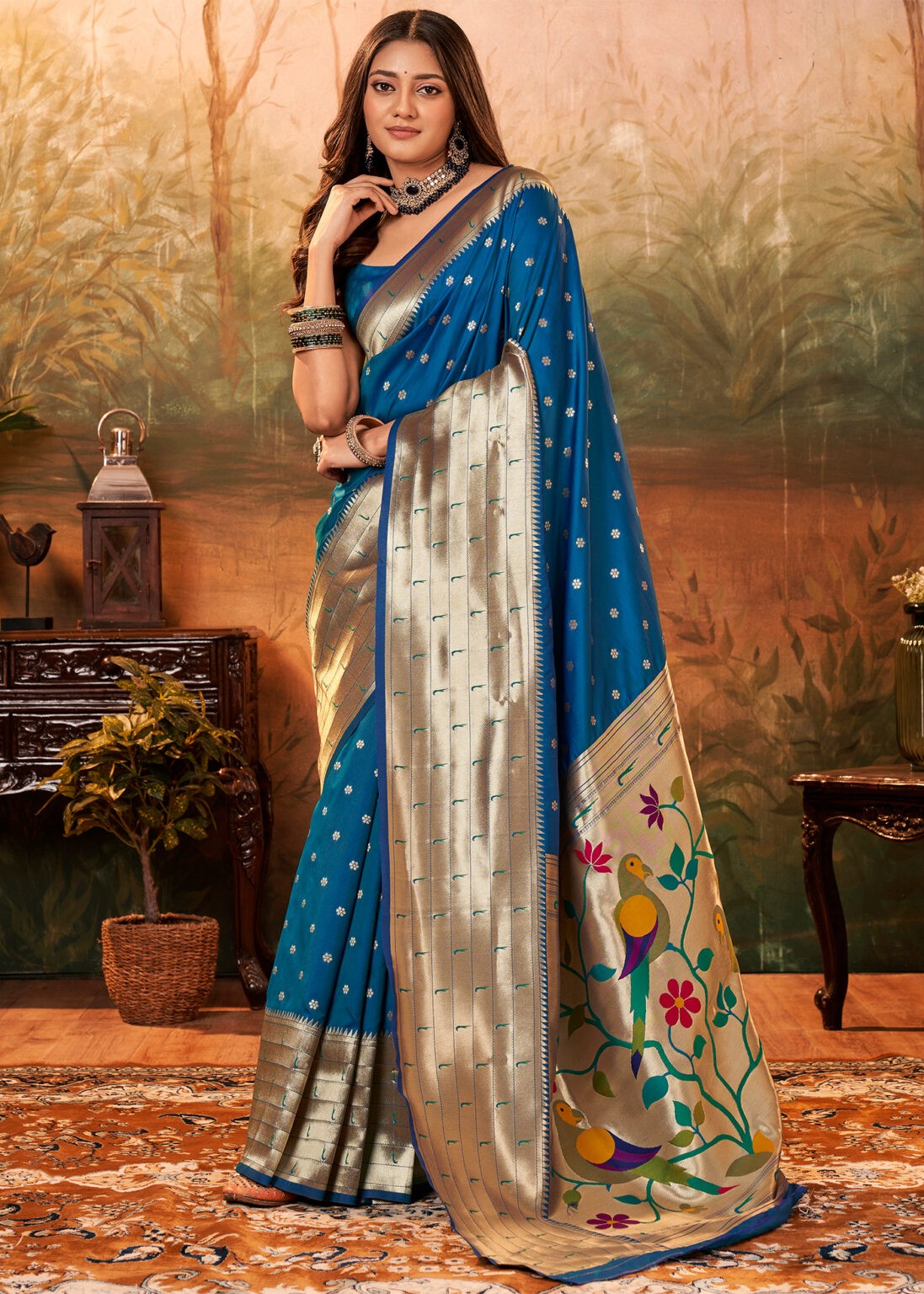 Traditional Paithani Inspired Silk Saree with Floral Motifs & Rich Pallu