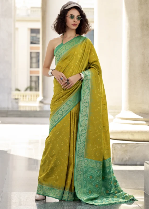 Lime Green Woven Banarasi Silk Saree with Bandhani Pattern