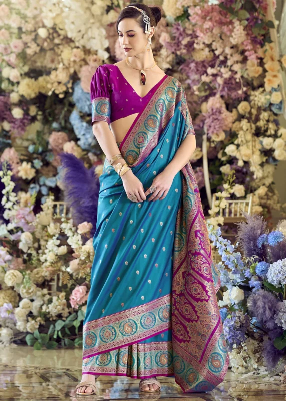 Azure Blue Banarasi Soft Silk Saree with Meenakari