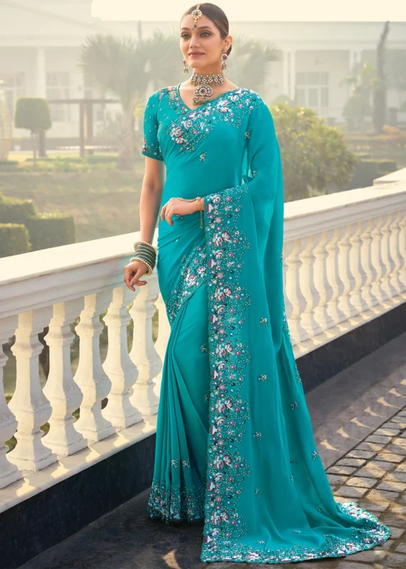 Cyan Blue Embroidered Saree with Scalloped Border