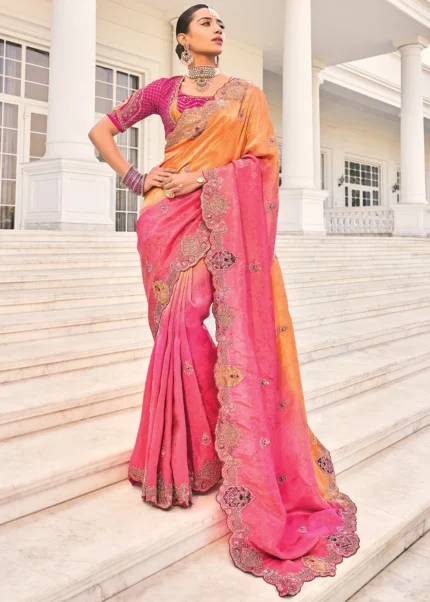 Orange and Pink Embroidered Saree with Scalloped Border