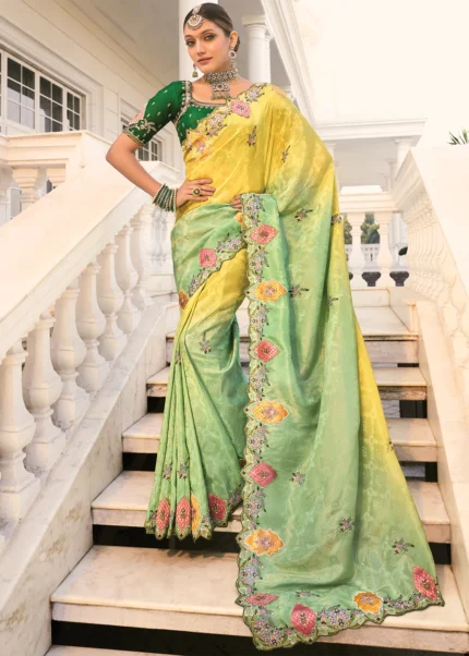 Yellow and Green Embroidered Saree with Scalloped Border