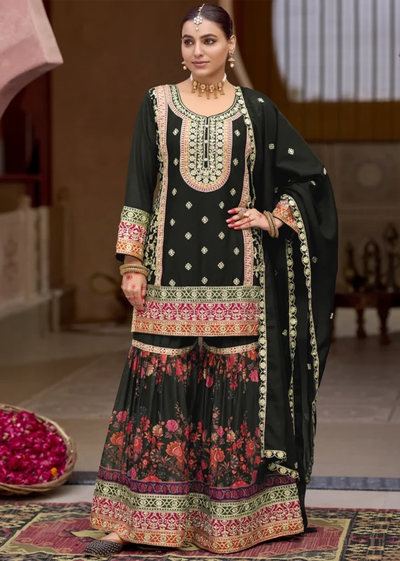 Embroidered Black Chiffon Gharara Suit