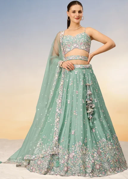 Embroidered Sea Green Chiffon Lehenga