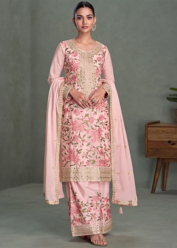 Pink Embroidered Chinon Silk Palazzo Suit with Mirror Work