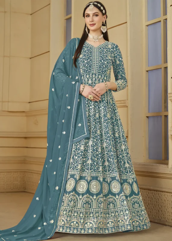 Teal Embroidered Georgette Anarkali Gown