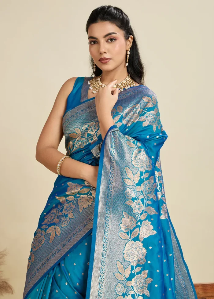 Azure Blue Banarasi Silk Saree with Golden Zari Floral Weaving