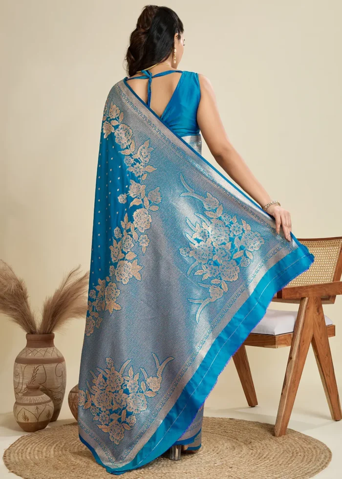 Azure Blue Banarasi Silk Saree with Golden Zari Floral Weaving