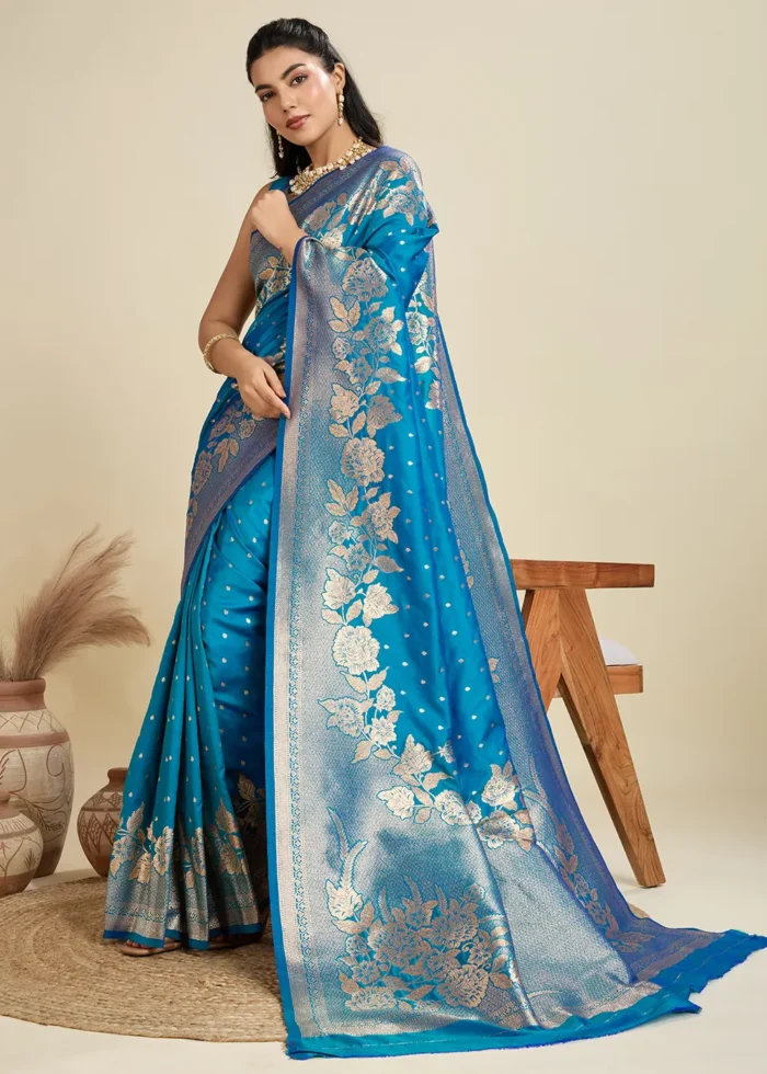 Azure Blue Banarasi Silk Saree with Golden Zari Floral Weaving