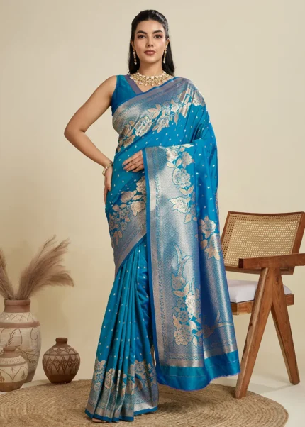 Azure Blue Banarasi Silk Saree with Golden Zari Floral Weaving