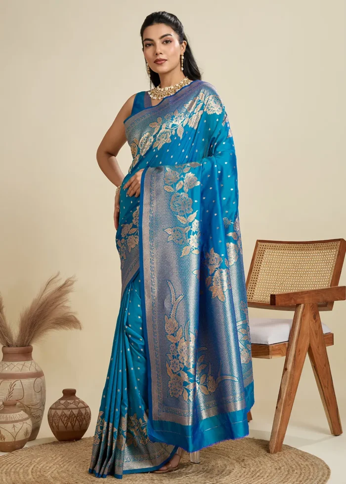 Azure Blue Banarasi Silk Saree with Golden Zari Floral Weaving