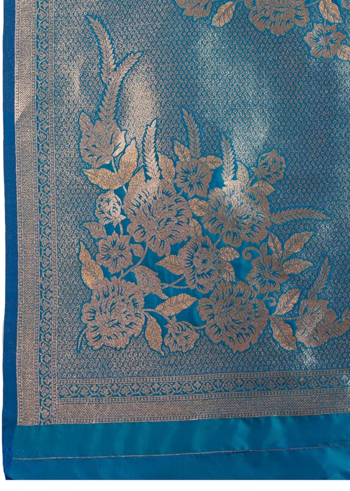 Azure Blue Banarasi Silk Saree with Golden Zari Floral Weaving