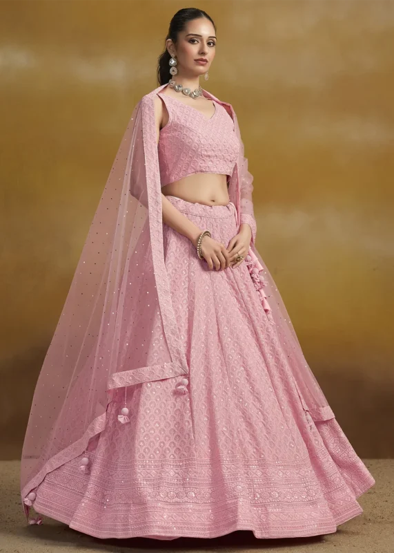 Baby Pink Georgette Lehenga with Sequins Embroidery