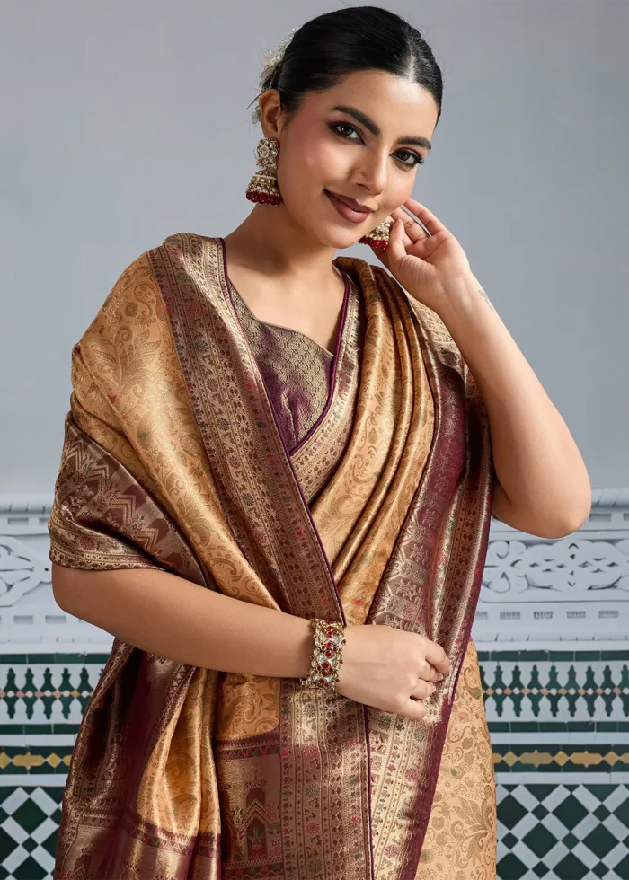 Beige & Maroon Kanjivaram Silk Saree
