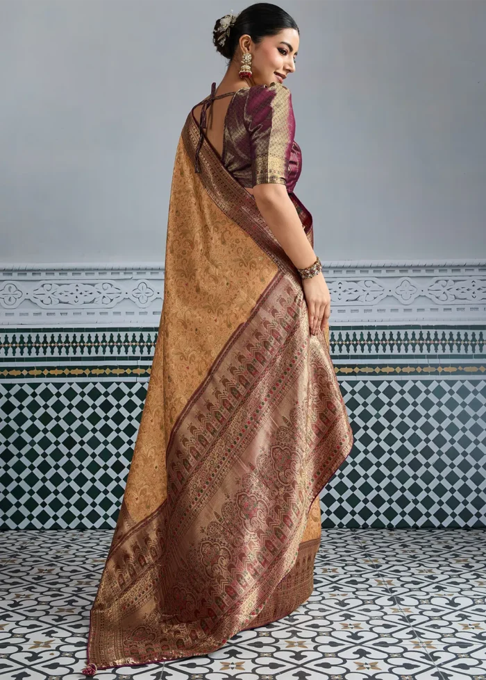 Beige & Maroon Kanjivaram Silk Saree