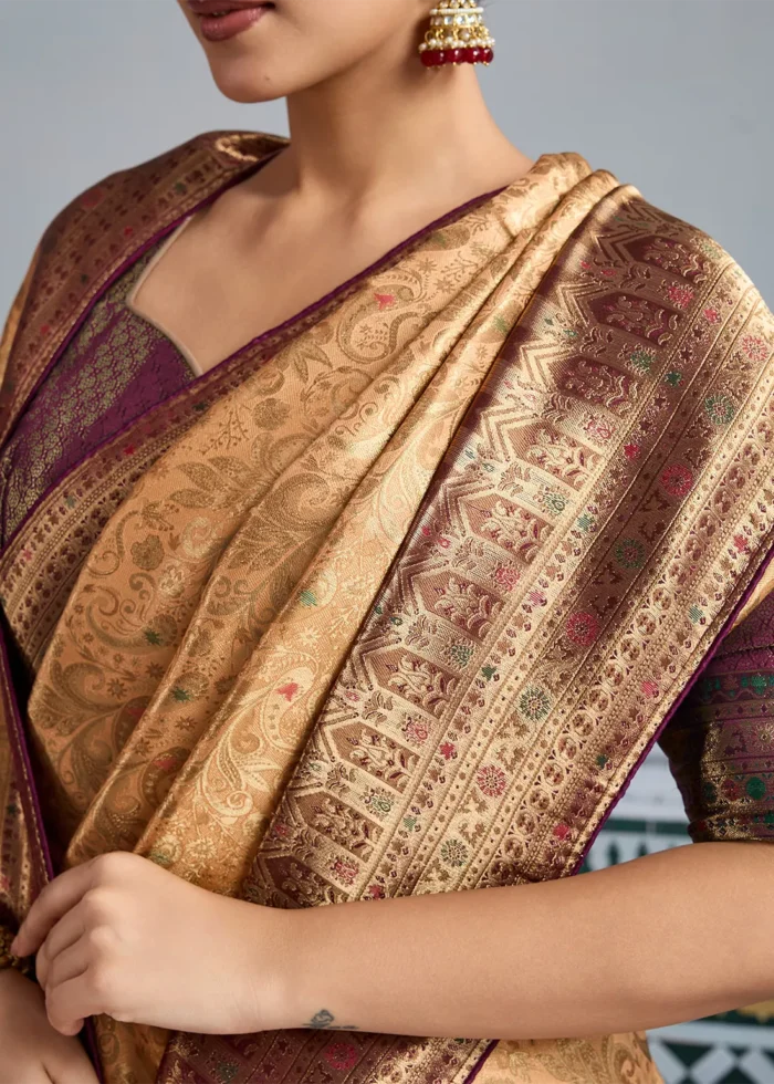 Beige & Maroon Kanjivaram Silk Saree