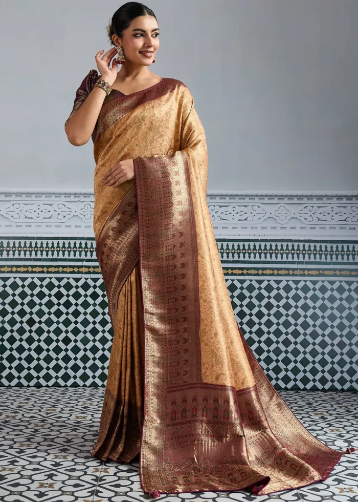 Beige & Maroon Kanjivaram Silk Saree