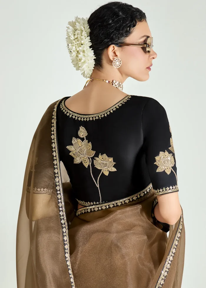 Black and Brown Embroidered Organza Saree