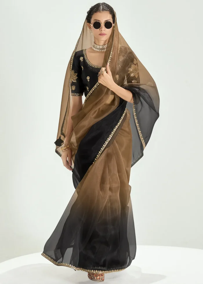Black and Brown Embroidered Organza Saree