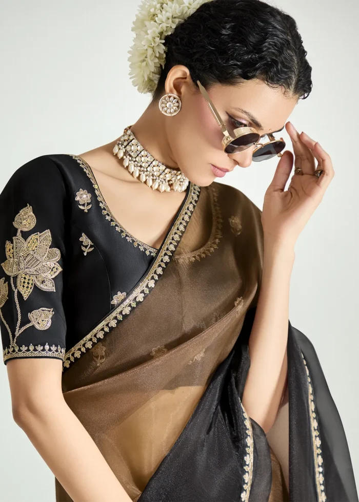Black and Brown Embroidered Organza Saree