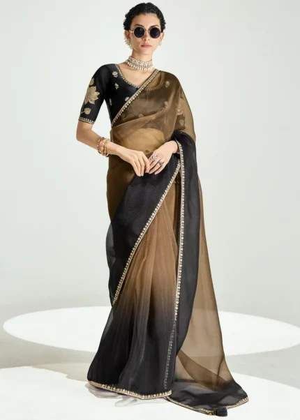Black and Brown Embroidered Organza Saree