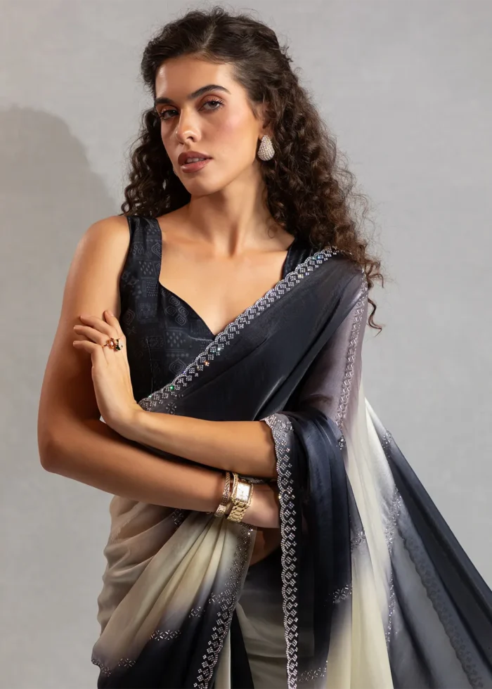 Black and White Organza Saree with Stone Work