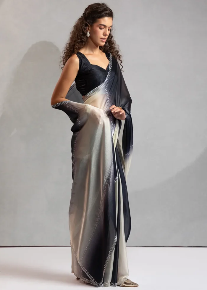 Black and White Organza Saree with Stone Work