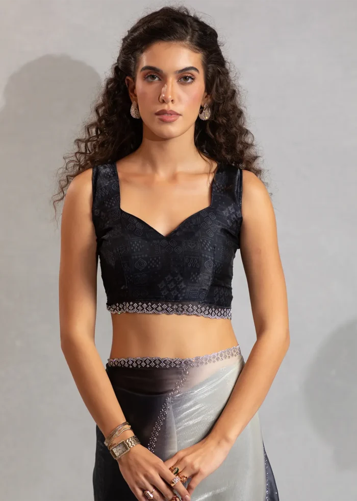 Black and White Organza Saree with Stone Work