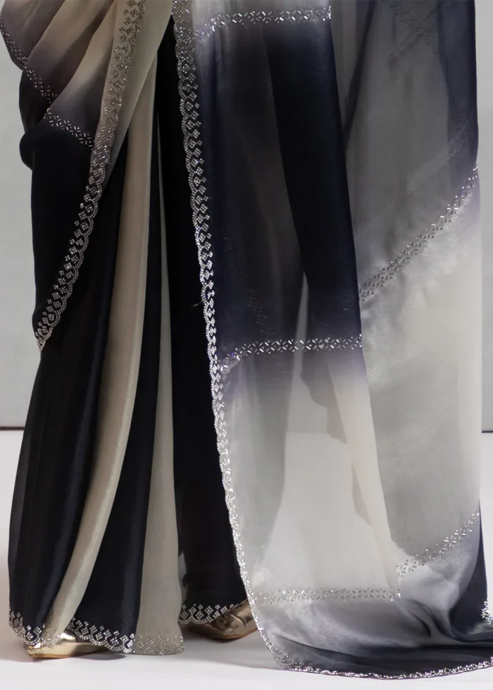 Black and White Organza Saree with Stone Work