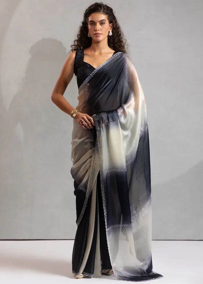 Black and White Organza Saree with Stone Work