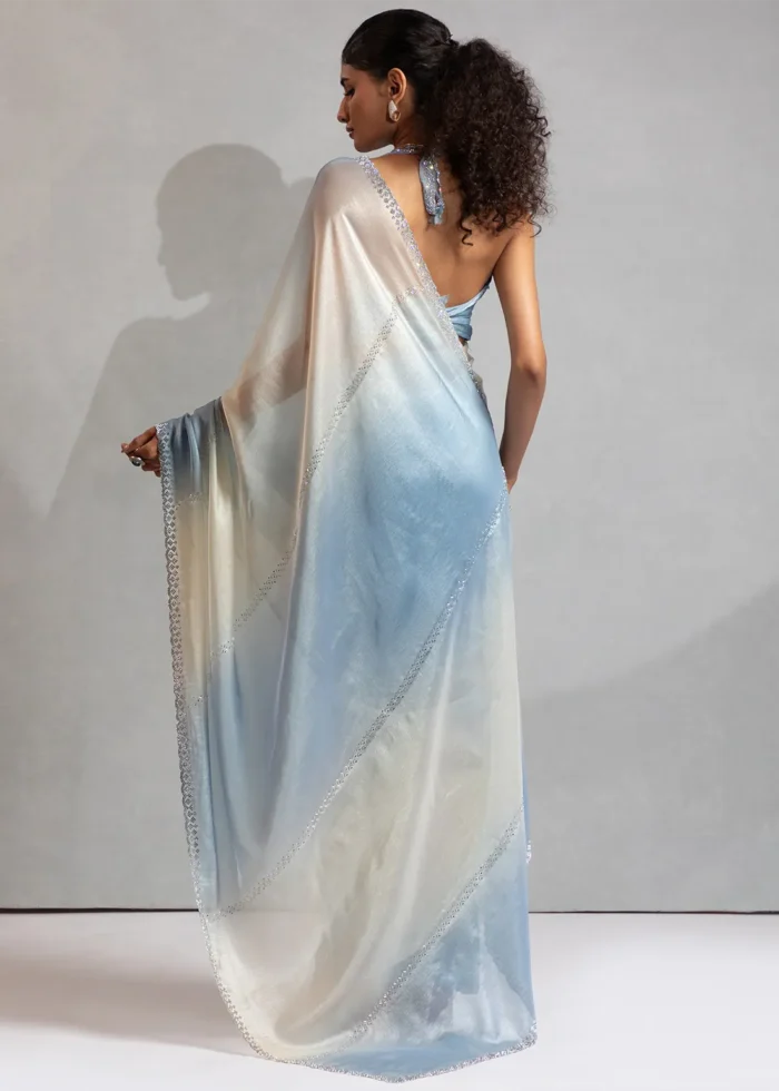 Blue and White Organza Saree with Stone Work