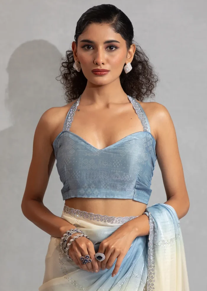 Blue and White Organza Saree with Stone Work