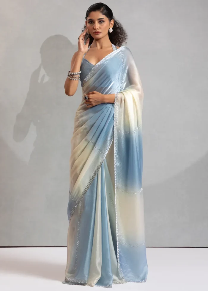 Blue and White Organza Saree with Stone Work