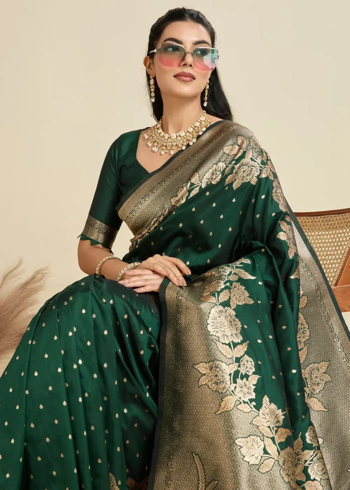 Bottle Green Banarasi Silk Saree with Golden Zari Floral Weaving