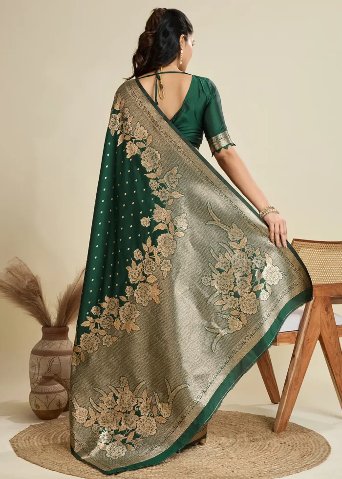 Bottle Green Banarasi Silk Saree with Golden Zari Floral Weaving