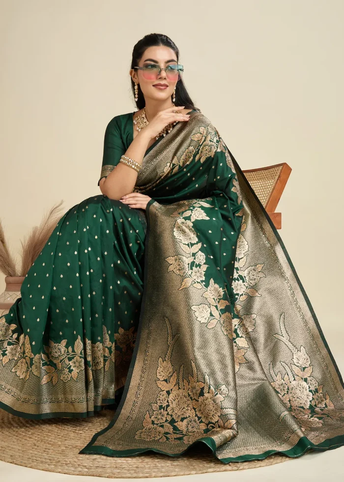 Bottle Green Banarasi Silk Saree with Golden Zari Floral Weaving