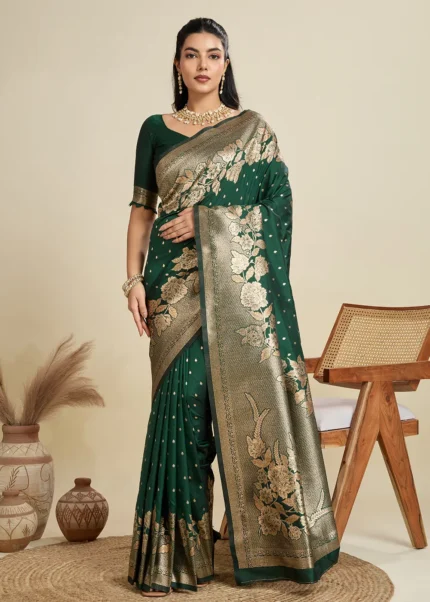 Bottle Green Banarasi Silk Saree with Golden Zari Floral Weaving