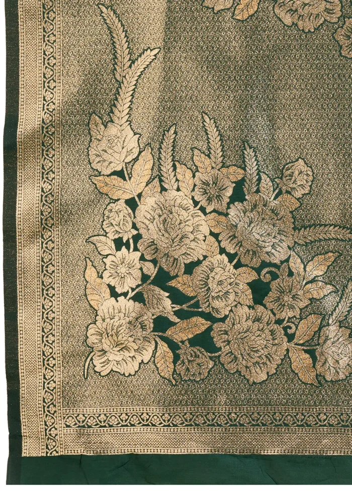 Bottle Green Banarasi Silk Saree with Golden Zari Floral Weaving