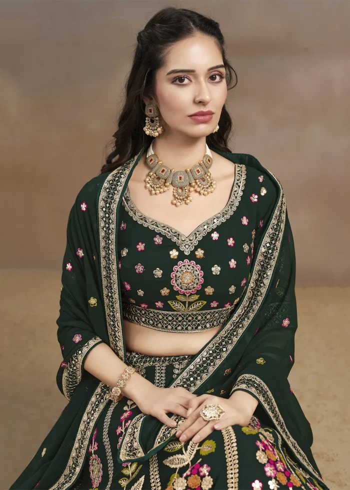 Bottle Green Georgette Embroidered Lehenga