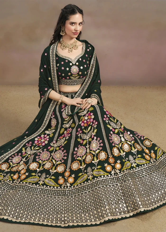 Bottle Green Georgette Embroidered Lehenga