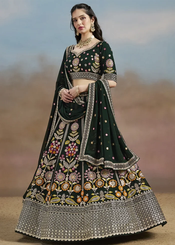 Bottle Green Georgette Embroidered Lehenga