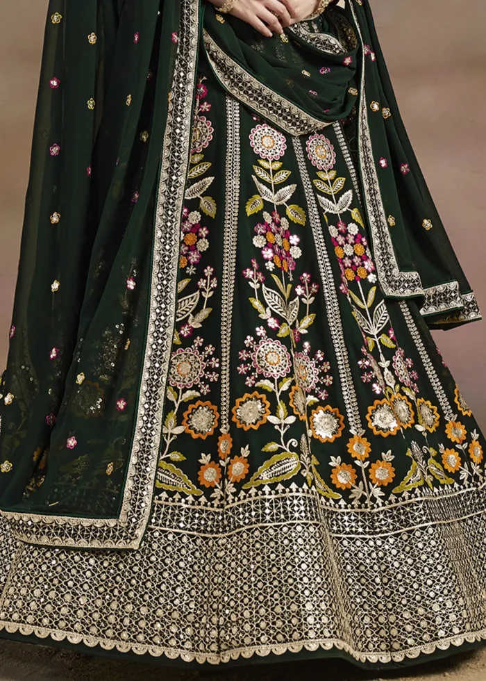 Bottle Green Georgette Embroidered Lehenga