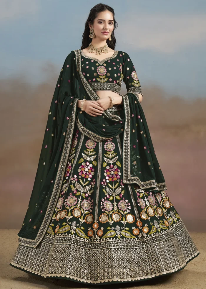 Bottle Green Georgette Embroidered Lehenga