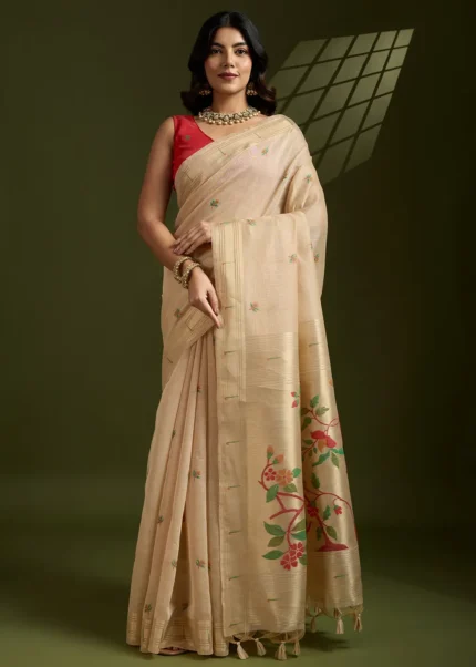 Cream Muga Cotton Paithani Saree with Red Blouse