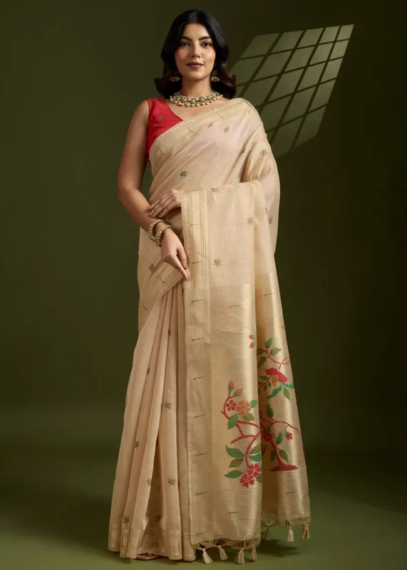 Cream Muga Cotton Paithani Saree with Red Blouse