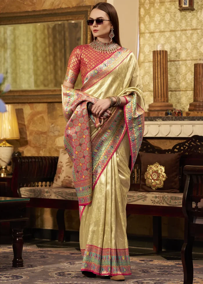 Cream Paithani Silk Saree with Red Blouse