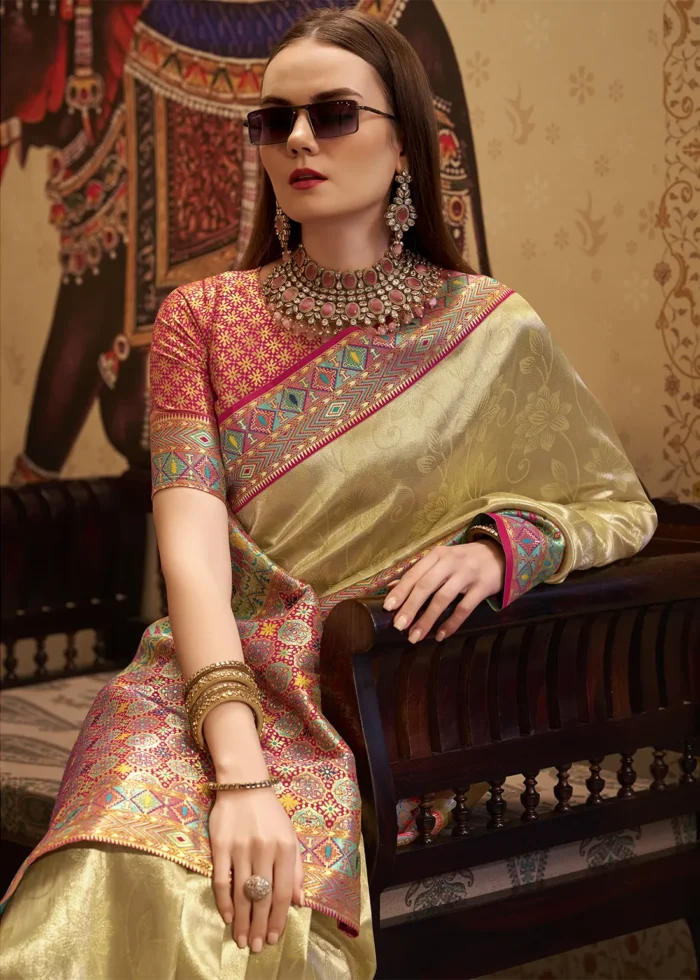 Cream Paithani Silk Saree with Red Blouse