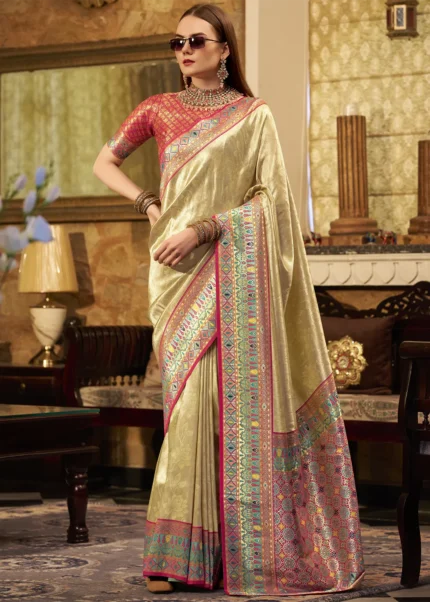 Cream Paithani Silk Saree with Red Blouse