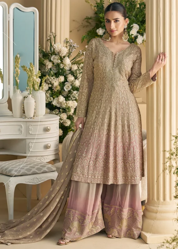 Embroidered Beige Georgette Sharara Suit with Stone Work
