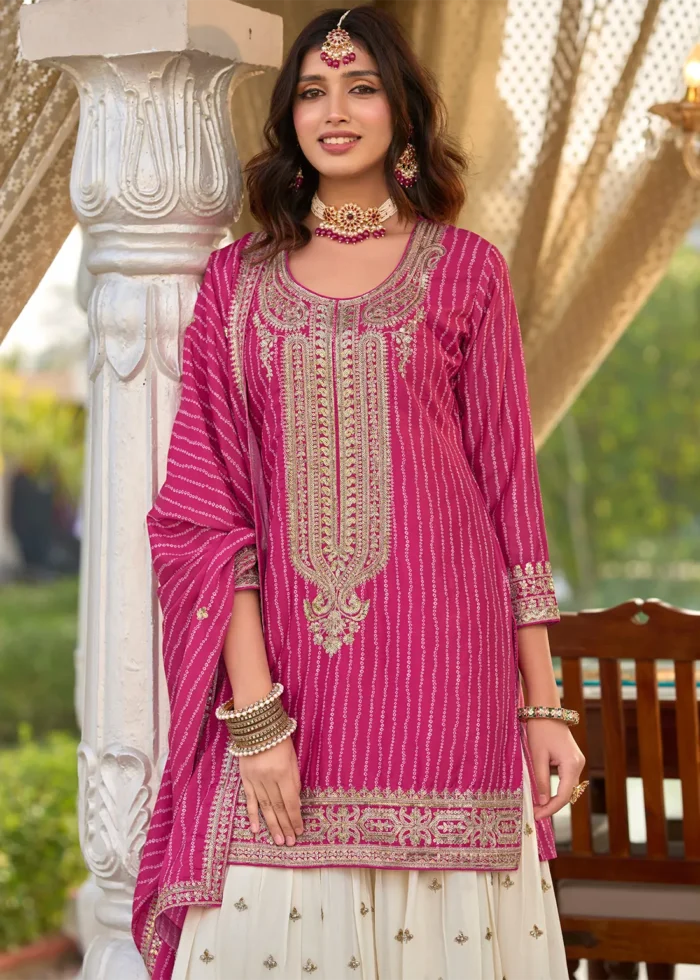 Embroidered Magenta Chiffon Gharara Suit